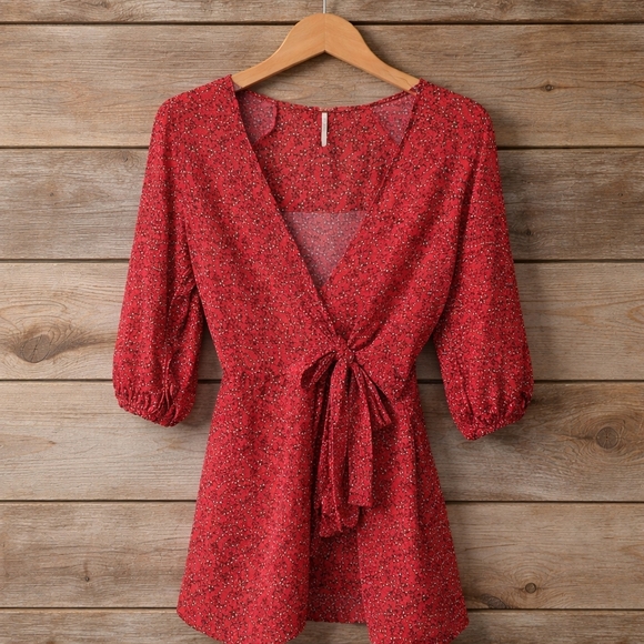 Free People Clara Red Floral Mini Tunic with White & Yellow Blooms Size Small - Picture 6 of 10